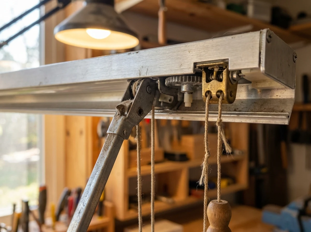 Close detail of venetian slat tilt mechanism and cord lock, workshop light