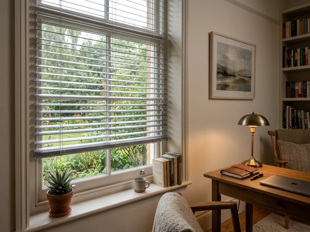 Study aluminium venetian blind over a window, soft light