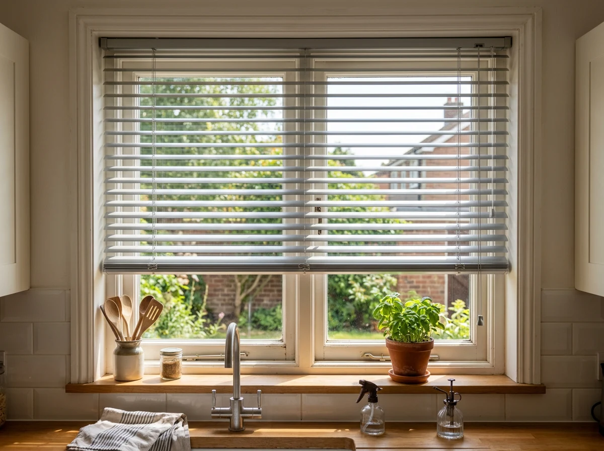 Kitchen window aluminium venetian blind, close-mid shot, midday