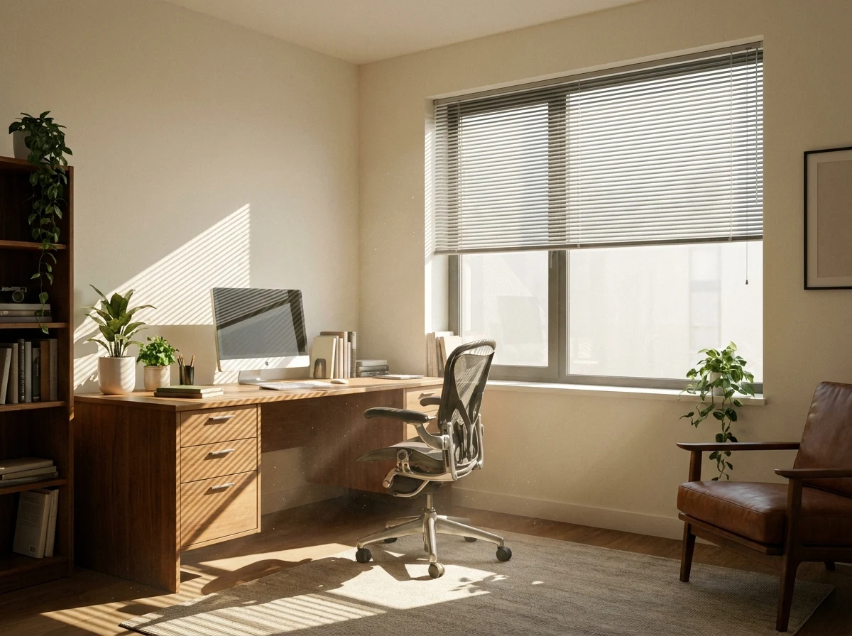 Home office aluminium venetian blind tilted, light stripes on the desk, morning