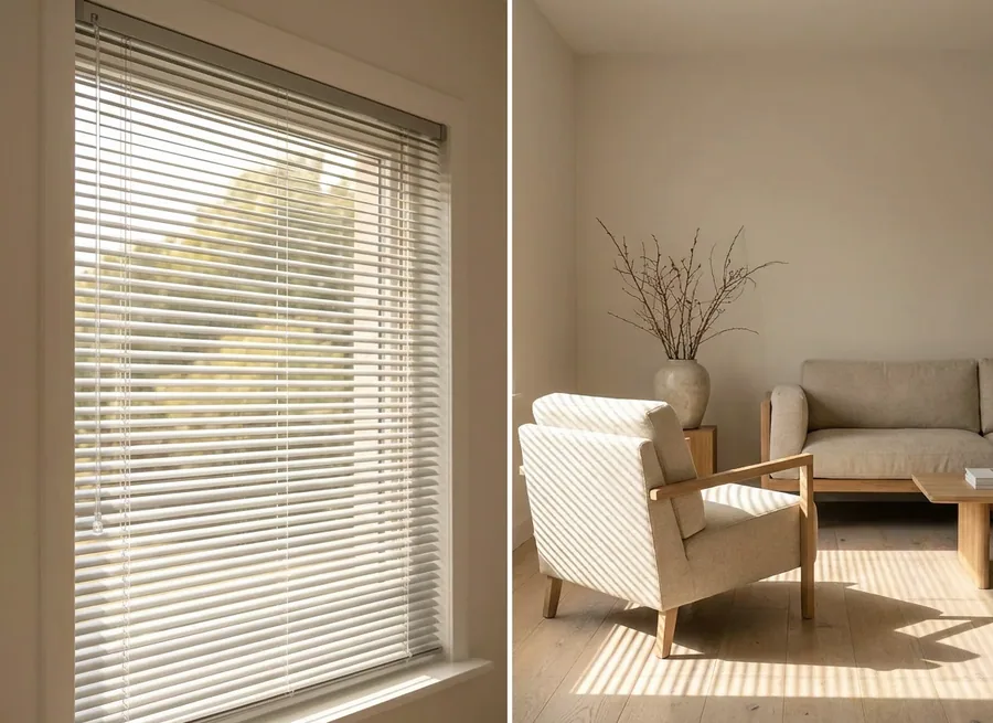 Aluminium venetian blind with horizontal slats tilted, striping sunlight across a living room floor