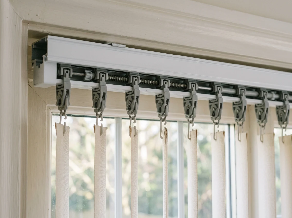 Close detail of a vertical blind headrail track and carriers, indoor daylight