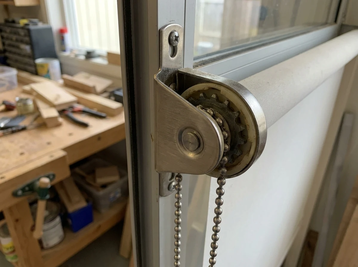 Close detail of a roller blind chain and clutch mechanism, workshop bench softly blurred behind