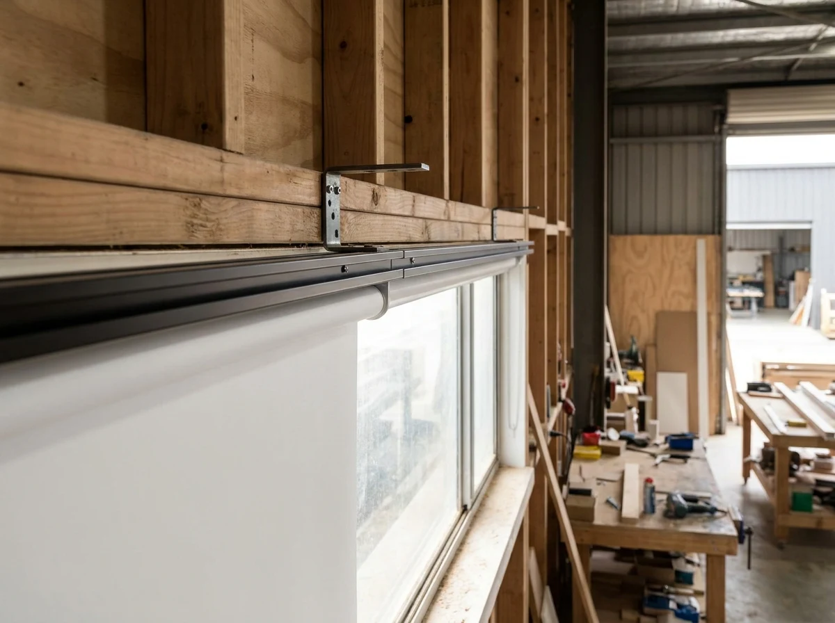 Close-mid detail of a blockout roller blind headrail and bracket