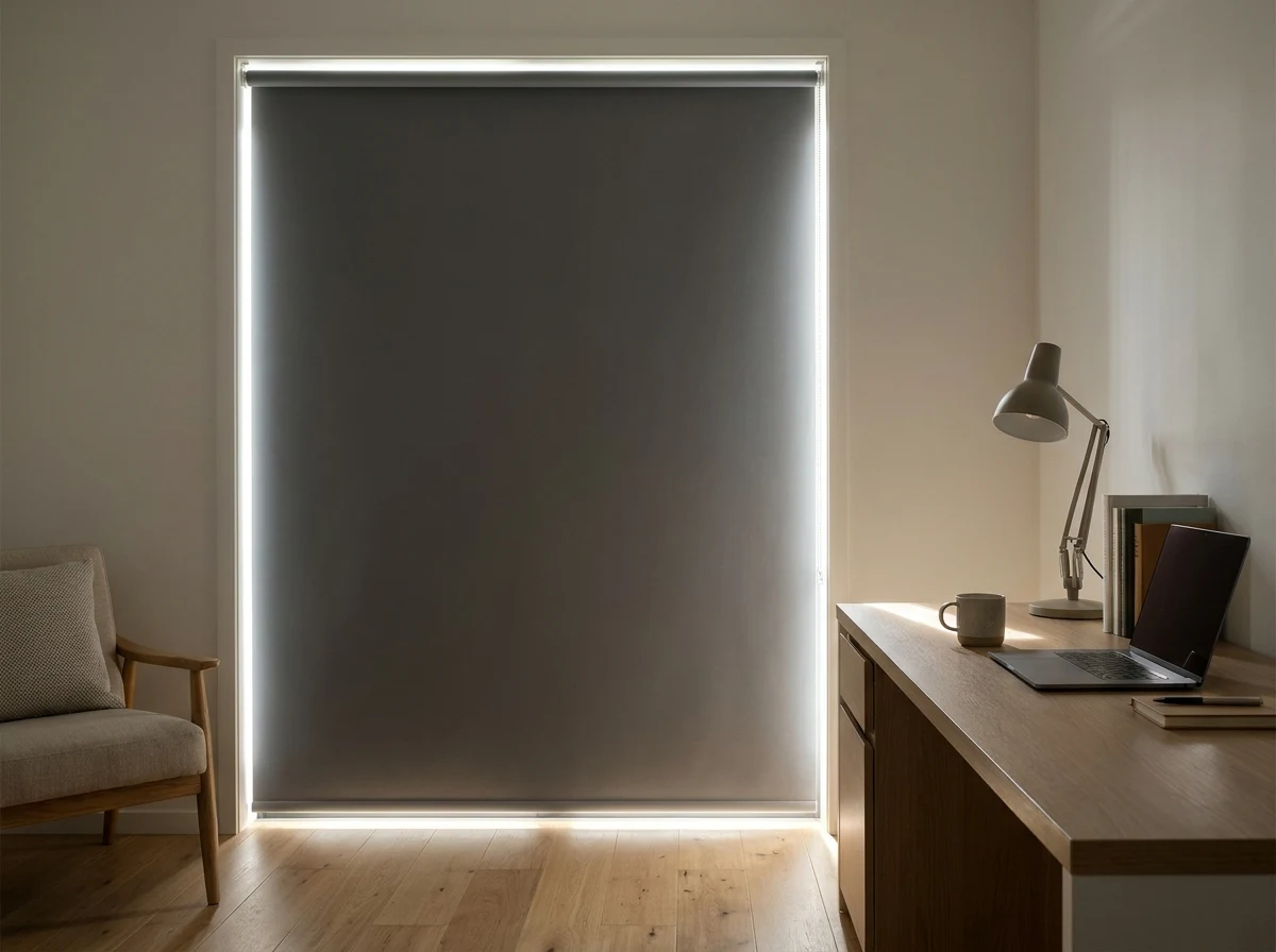 Home office blockout roller blind lowered beside a desk, morning light