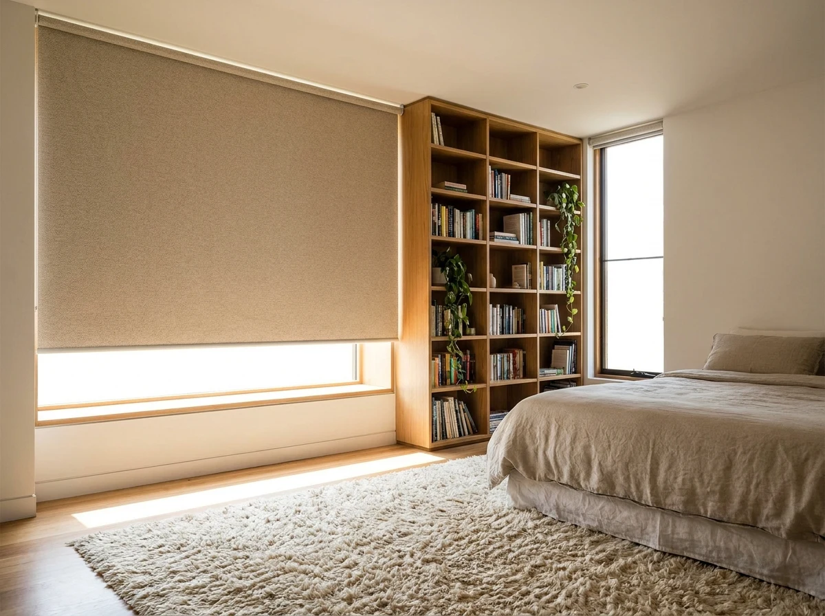 Bright bedroom blockout roller blind half-lowered over a window, soft daytime light
