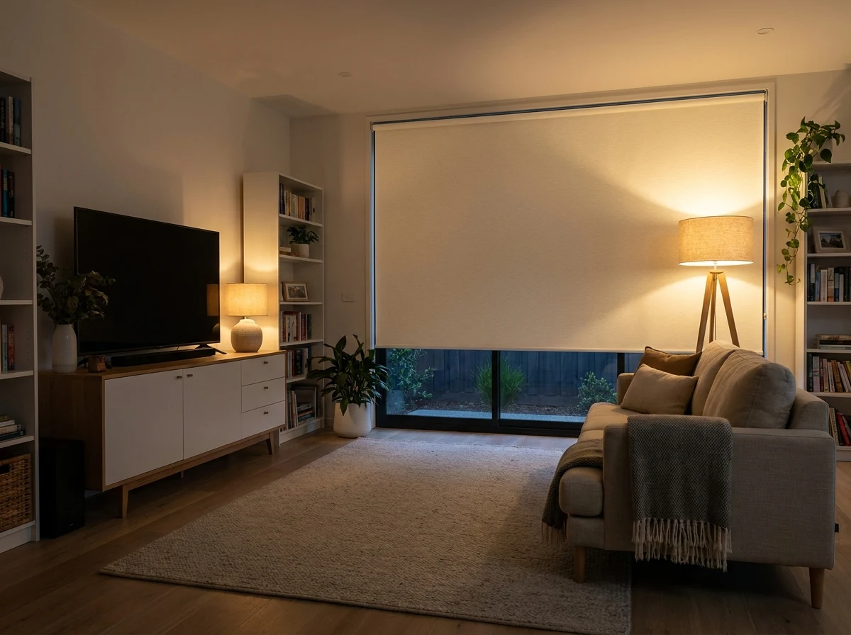 TV lounge blockout roller blind lowered, cream fabric, evening lamp light