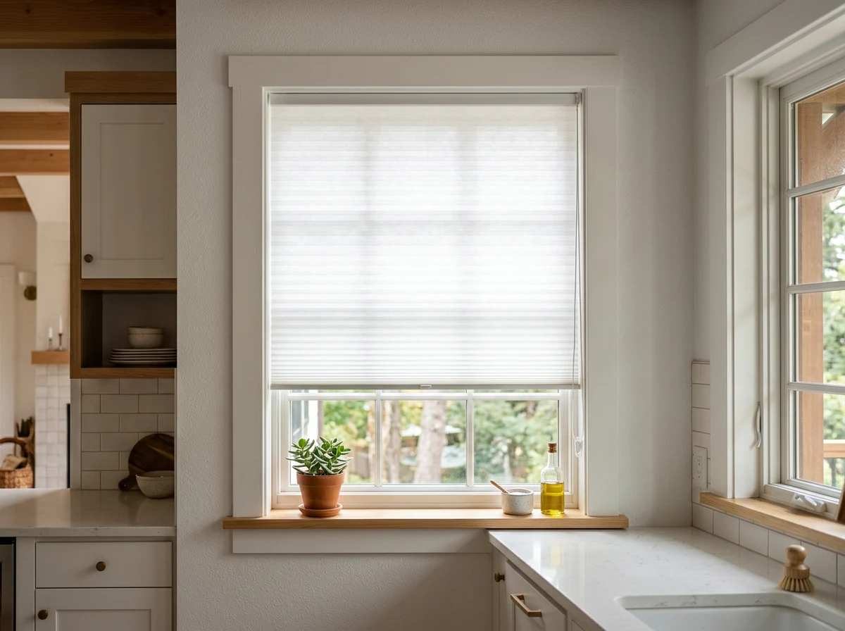 Cellular blind over a kitchen window, midday