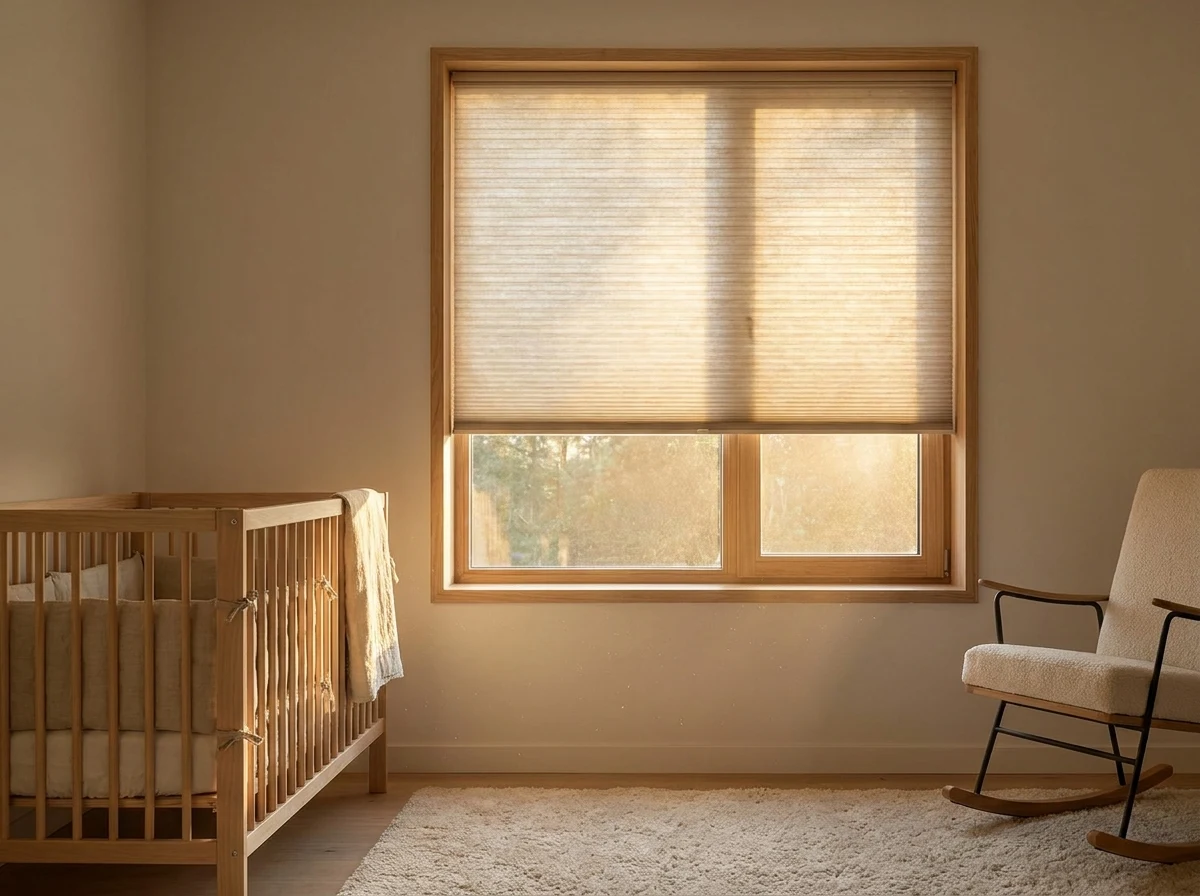 Cellular blind over a nursery window, warm soft light