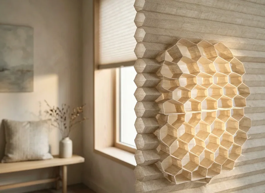 Cellular honeycomb blind cut away to show the insulating hexagonal fabric cells