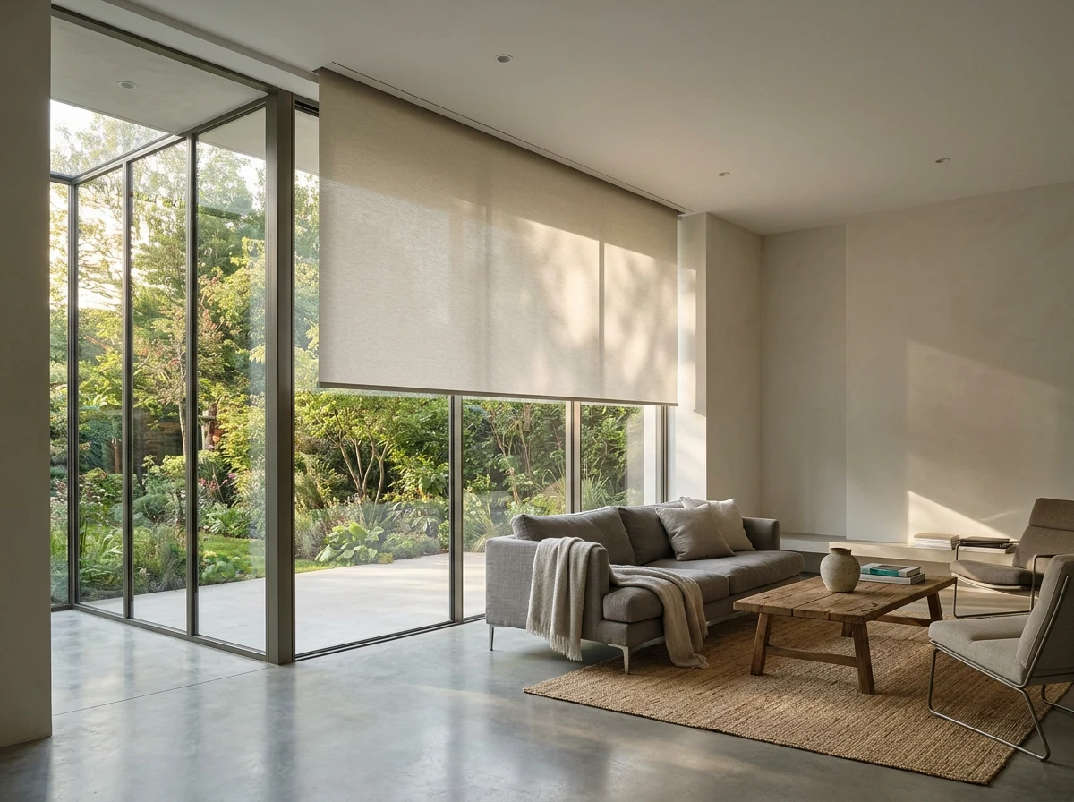 Living room recessed blind from a ceiling slot over a glass wall, afternoon