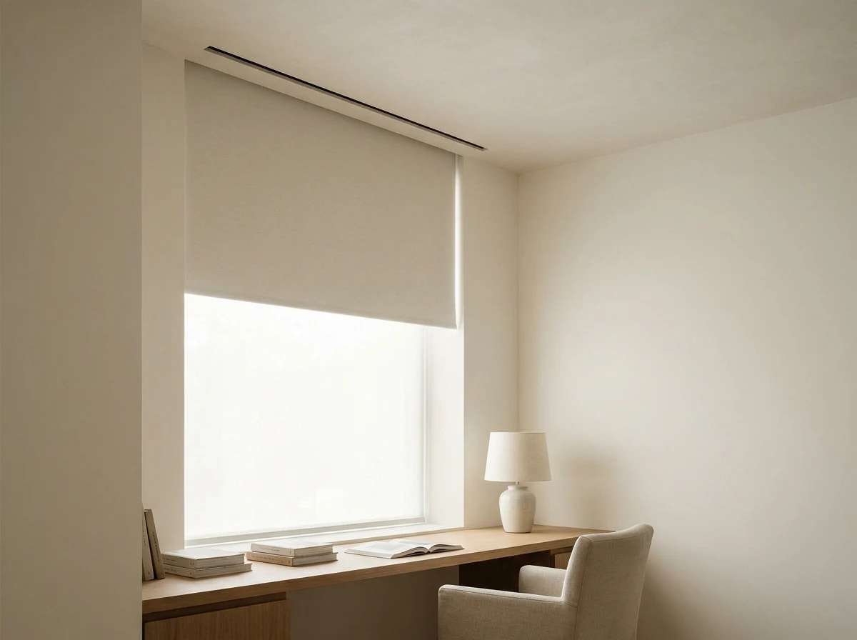 Study recessed blind dropping over a window, soft light