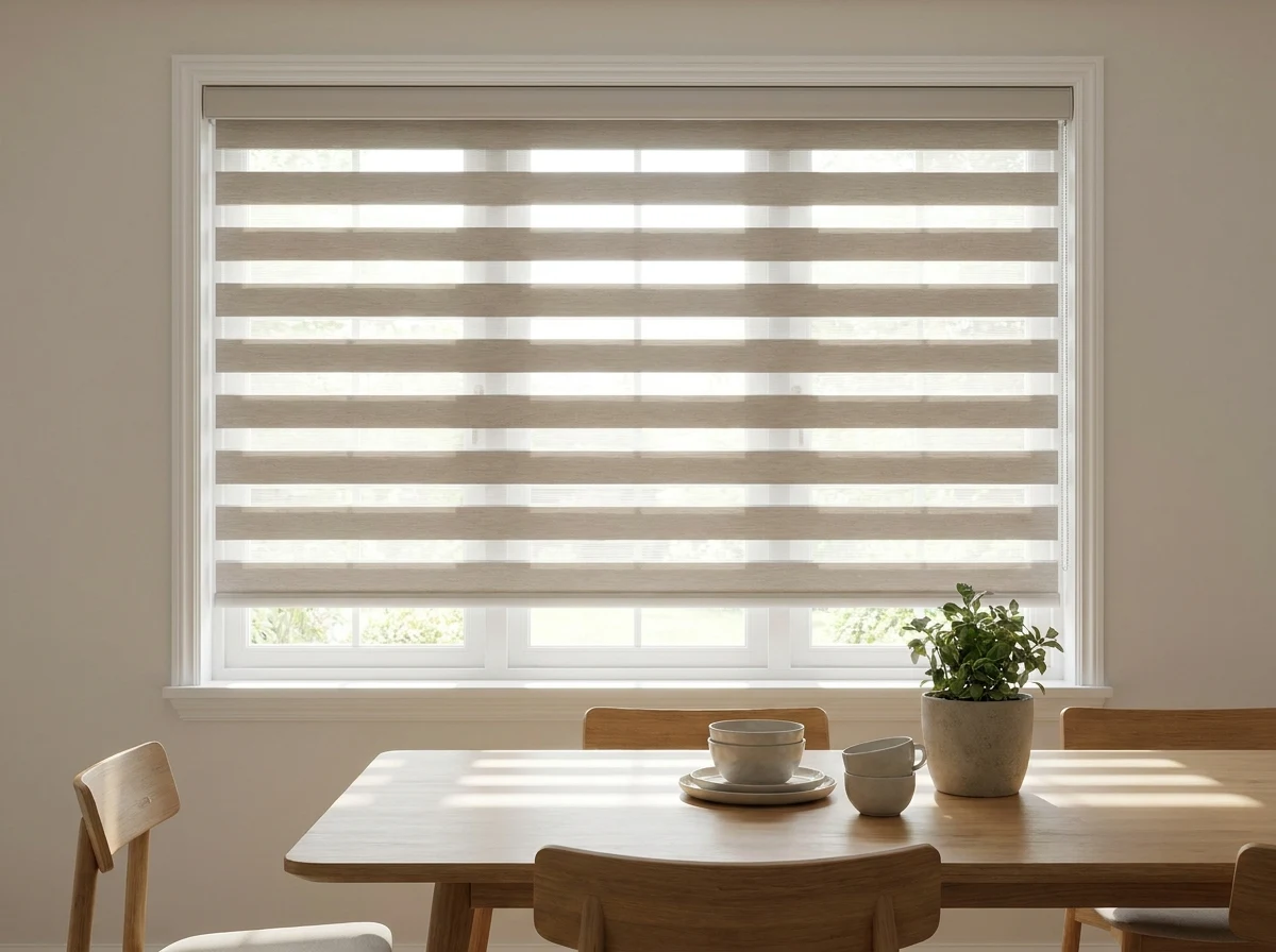 Day and night blind over a dining room window, midday