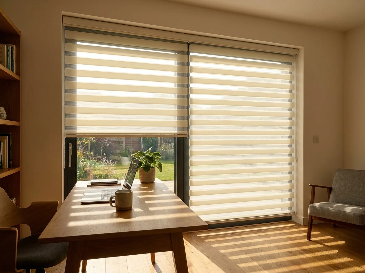 Day and night blind over a home office window, alternating stripes visible, morning light