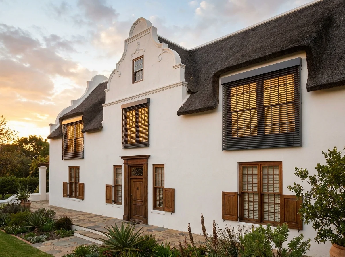 Cape-Dutch-influenced house facade with aluminium external venetian blinds mounted outside the upper floor windows, slats tilted against the evening sun