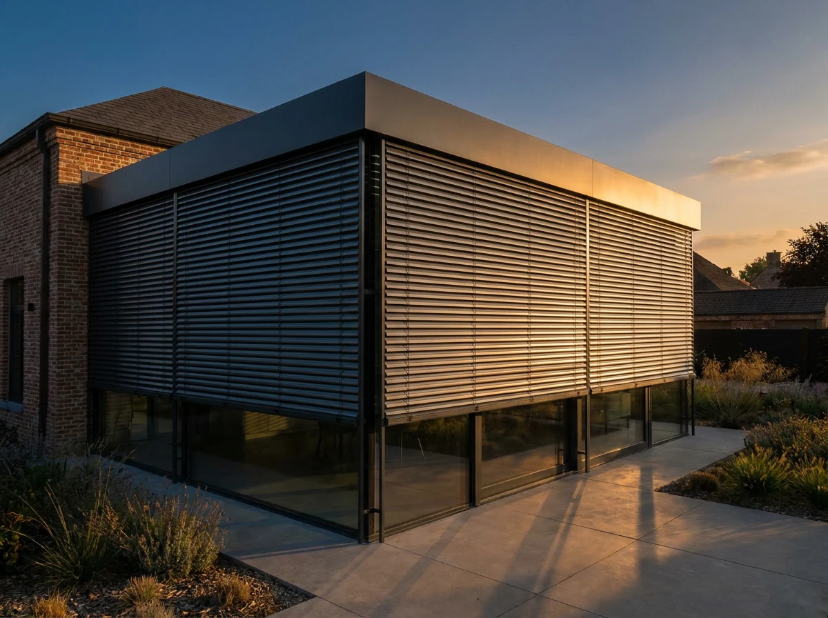 Contemporary glass box house extension with aluminium external venetian blinds fully closed against a low dusk sun