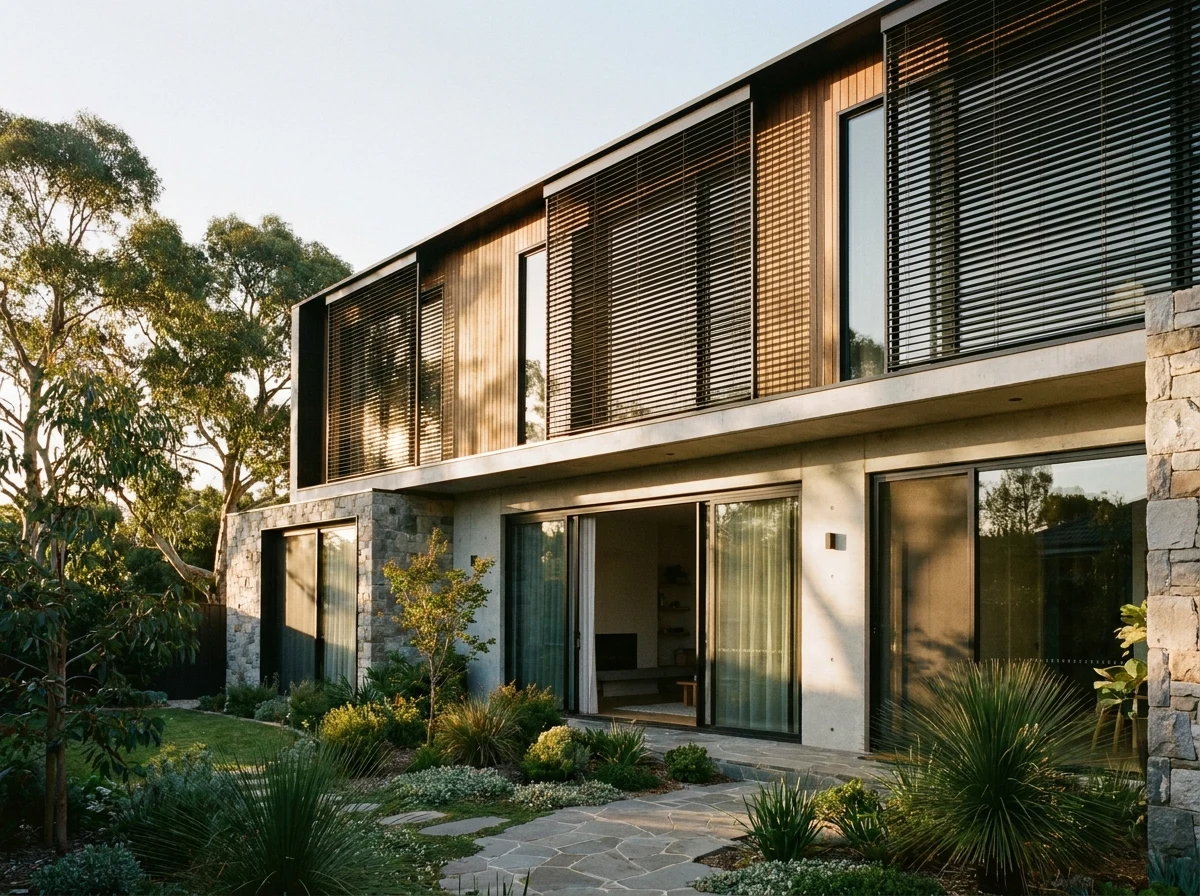 Wide establishing shot of a modern double-storey house facade with aluminium external venetian blinds partly closed over upper-floor windows, afternoon sun