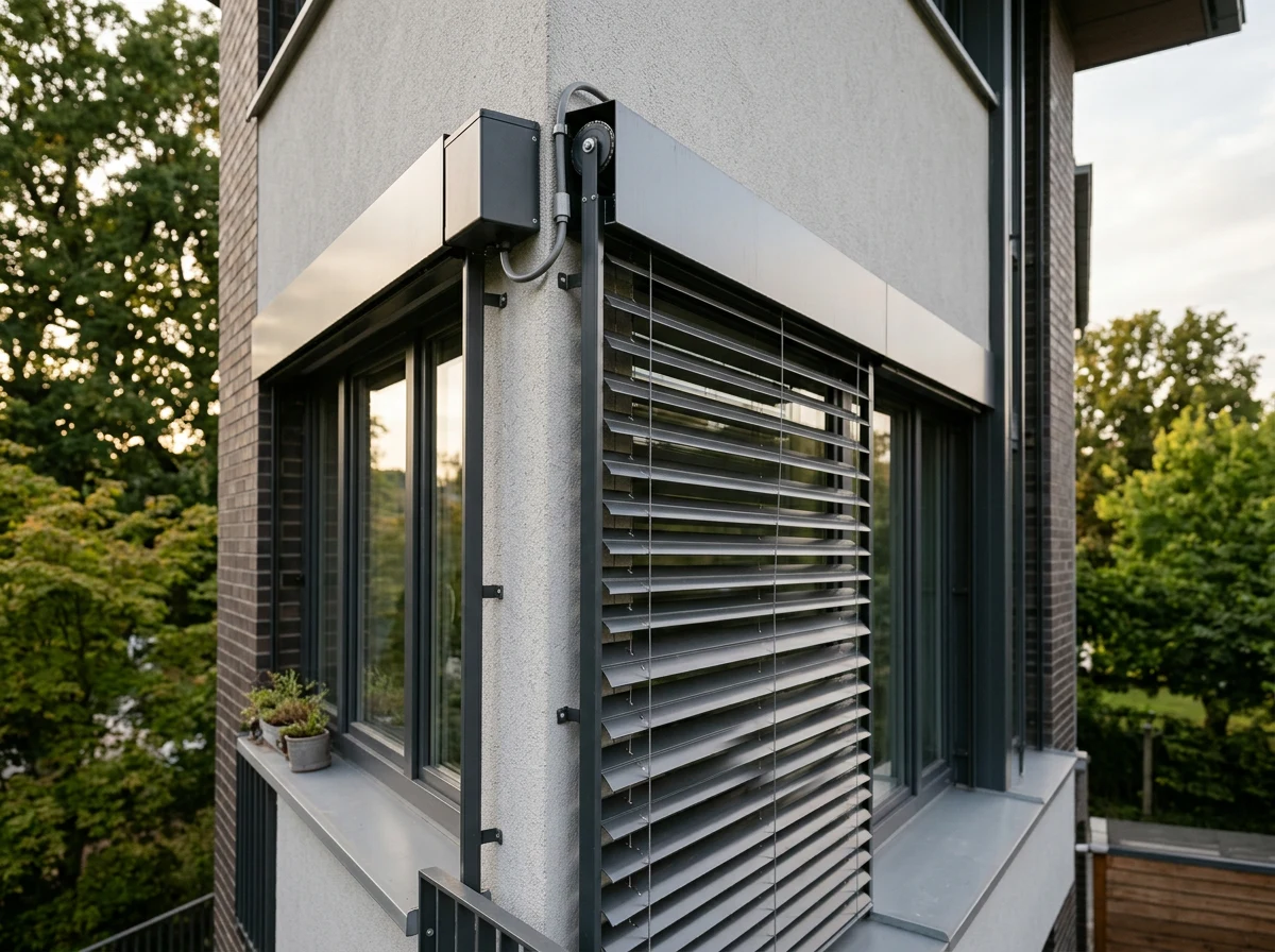 Close-mid side-angle shot of aluminium external venetian blind slats mounted outside a window, a small motor box visible at the headrail