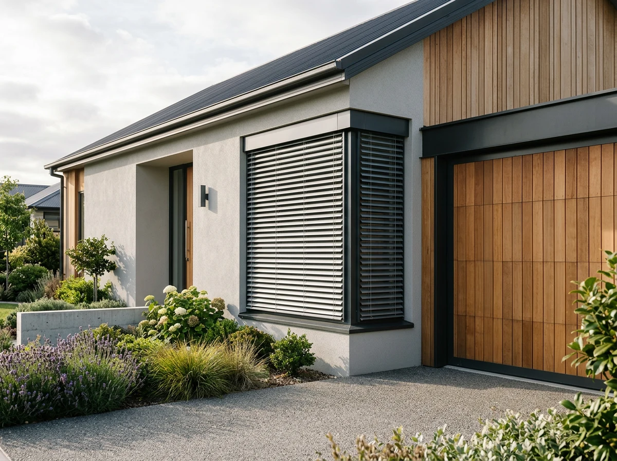 External venetian blinds on a section of facade next to a garage, morning light