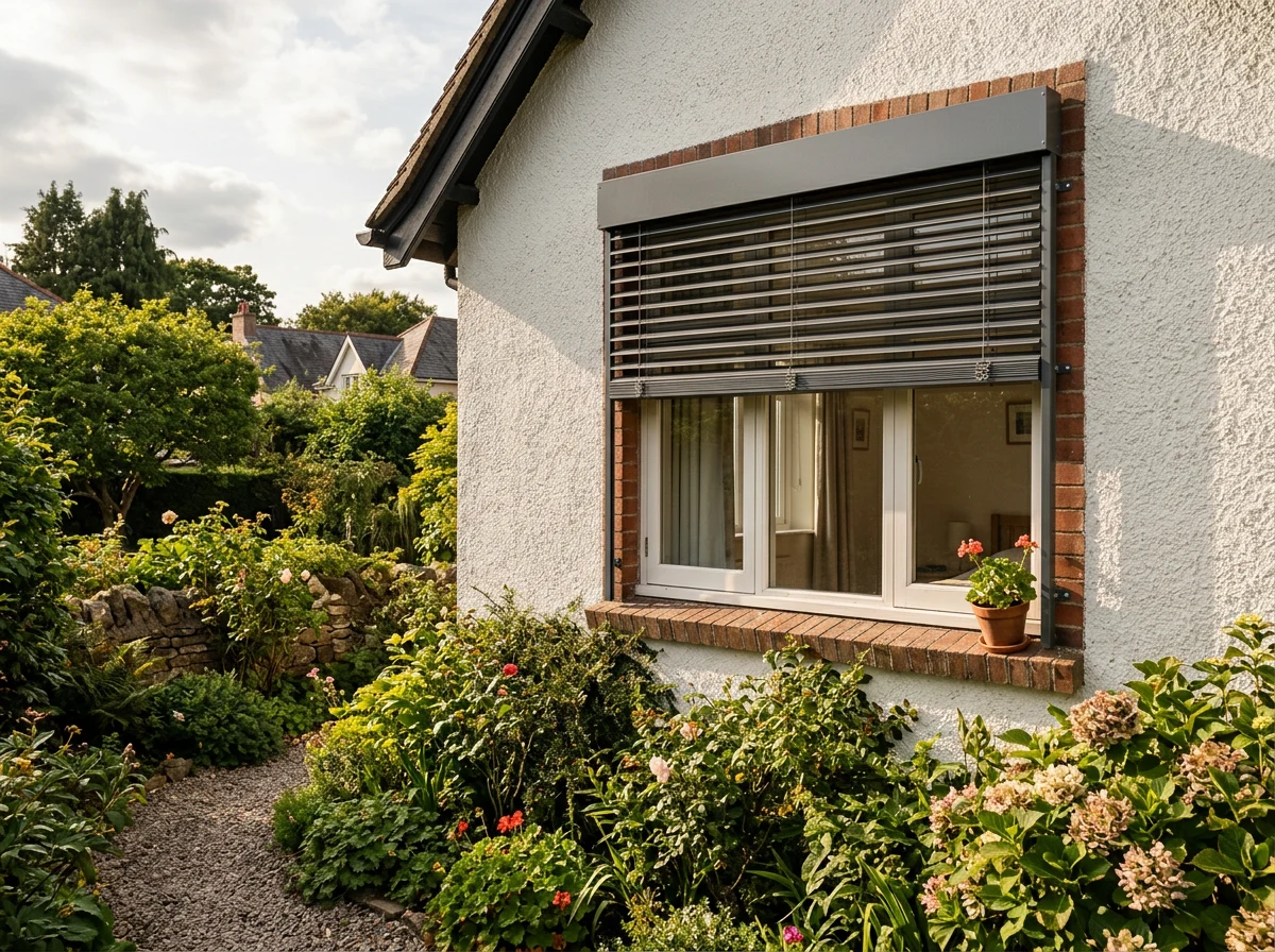 External venetian blinds on an upstairs bedroom window above a garden, afternoon light