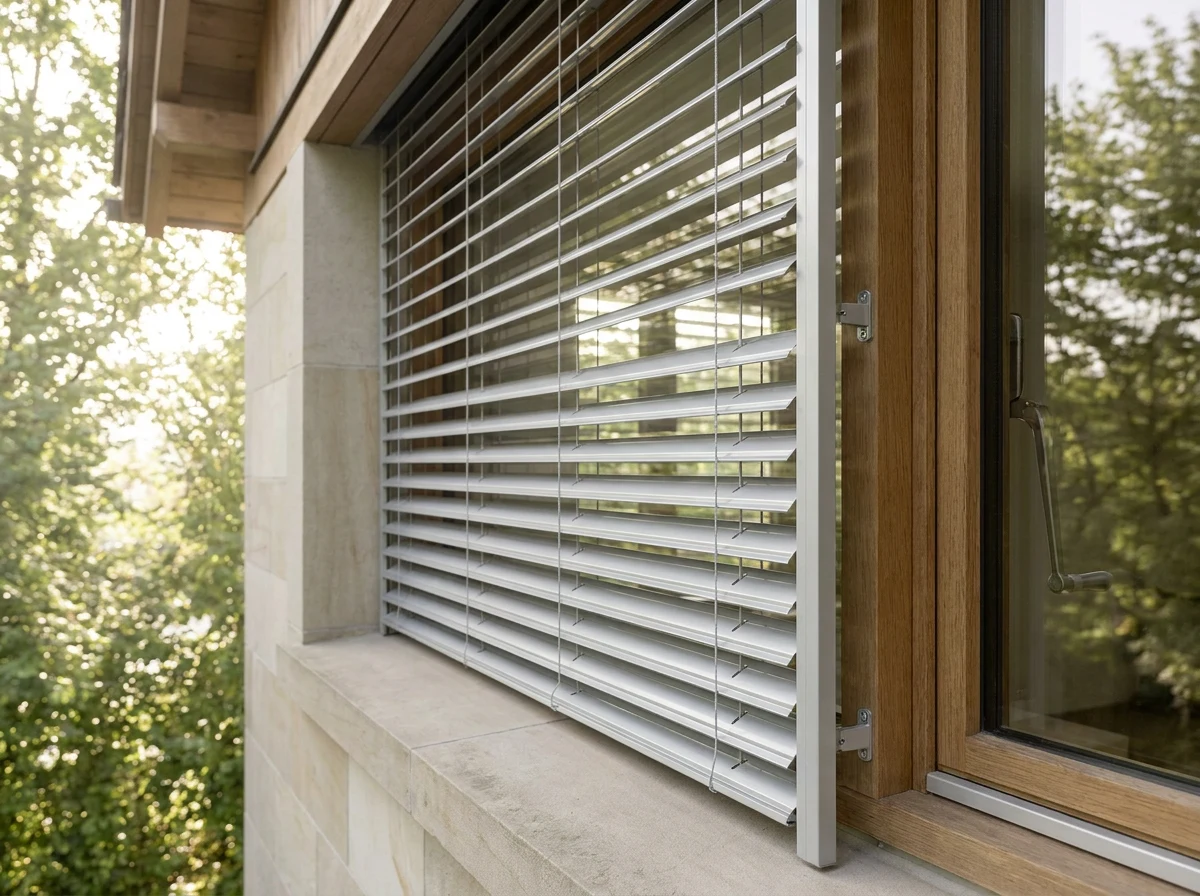 Close angle shot of a study window nook with aluminium external venetian blinds mounted outside the glass, the slat tilt mechanism visible at the side