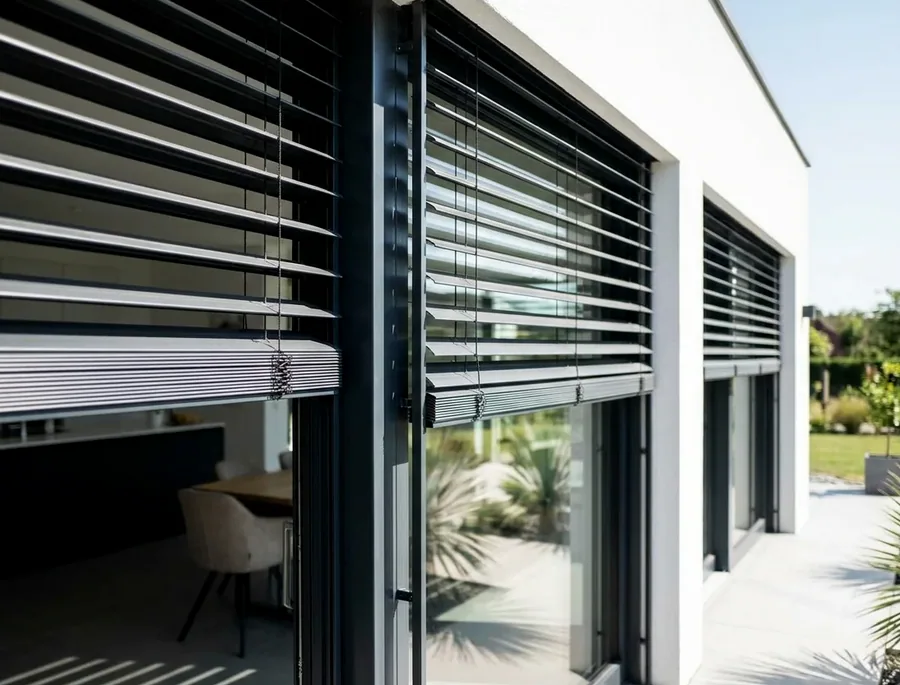 Aluminium external venetian blinds mounted outside the glass, slats angled against the evening sun