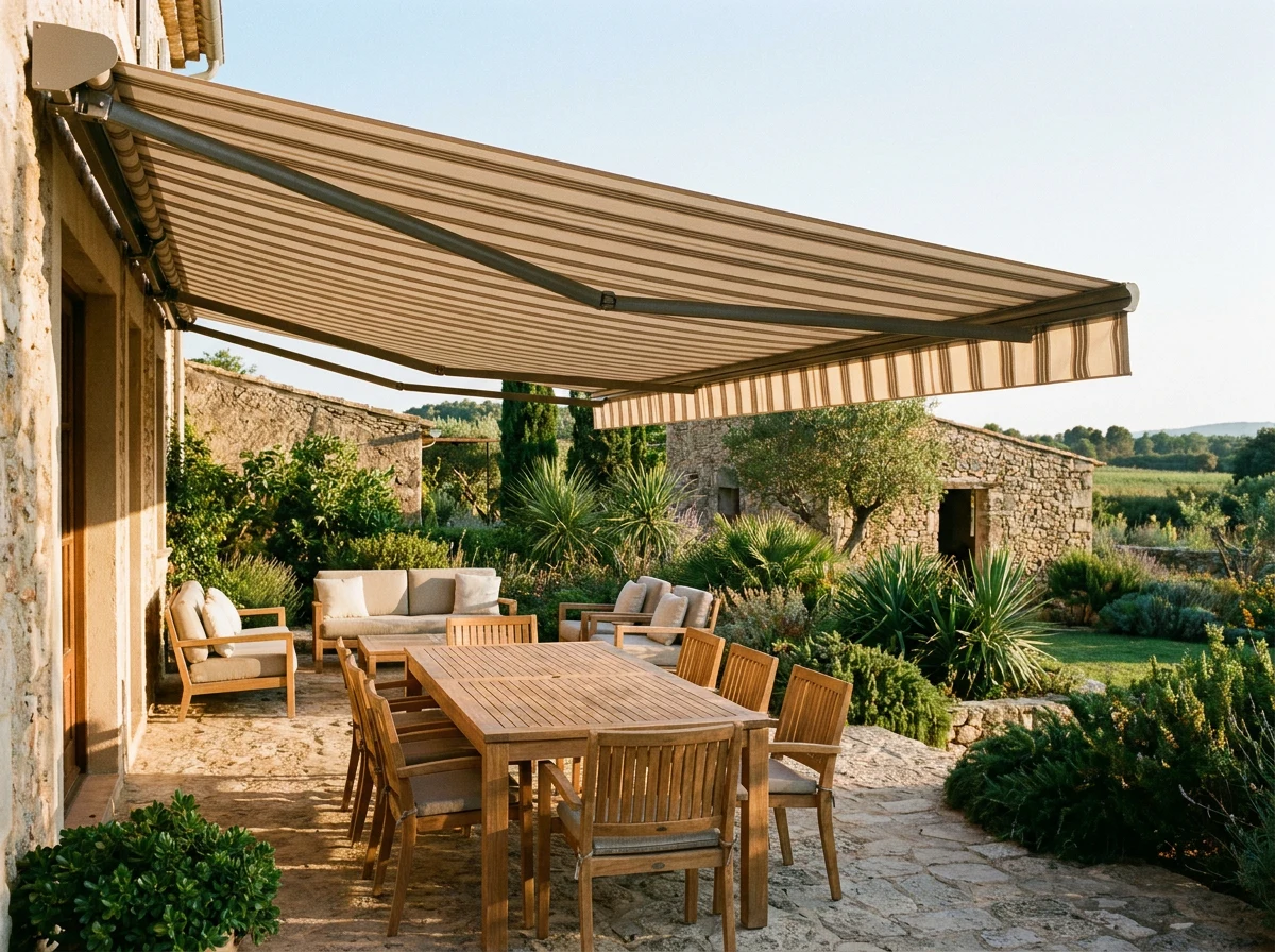 Folding-arm awning over a garden terrace with outdoor seating, late afternoon