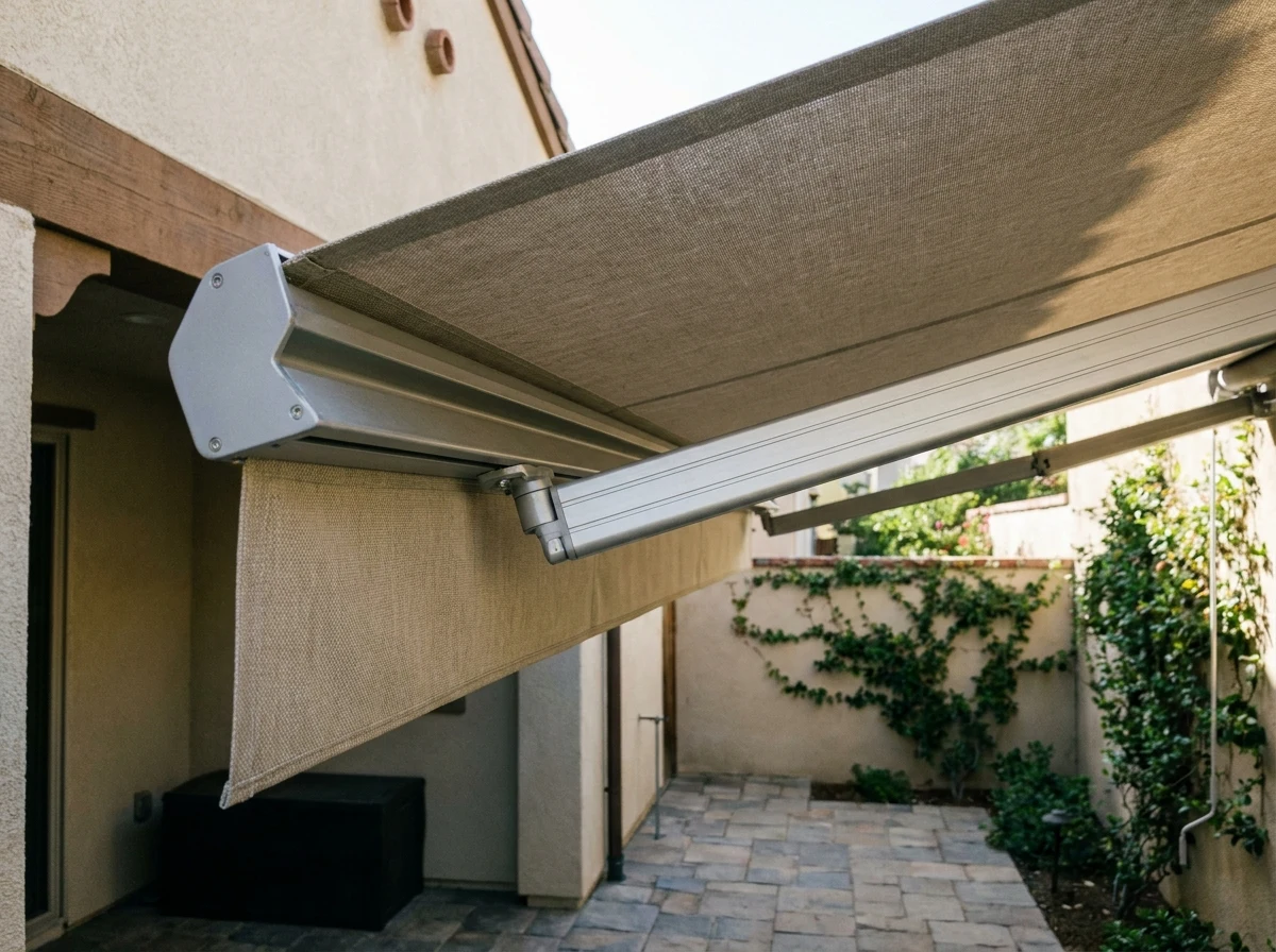 Folding-arm awning over a side patio, close-mid angle showing the articulated arm joint