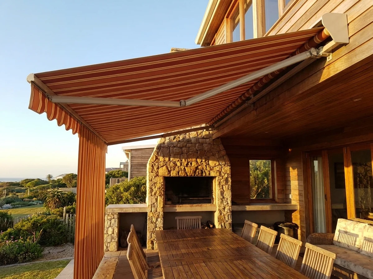 Folding-arm awning extended over a braai and entertainment area, golden hour