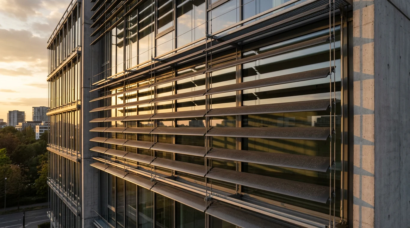 Wide aluminium external venetian slats outside a contemporary facade at dusk, throwing shadow bands across the glazing