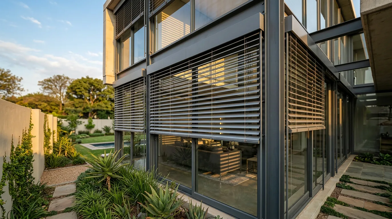 External aluminium venetian blinds mounted outside the glazing of a modern steel-and-glass Sandhurst house, wide slats tilted against the low afternoon sun