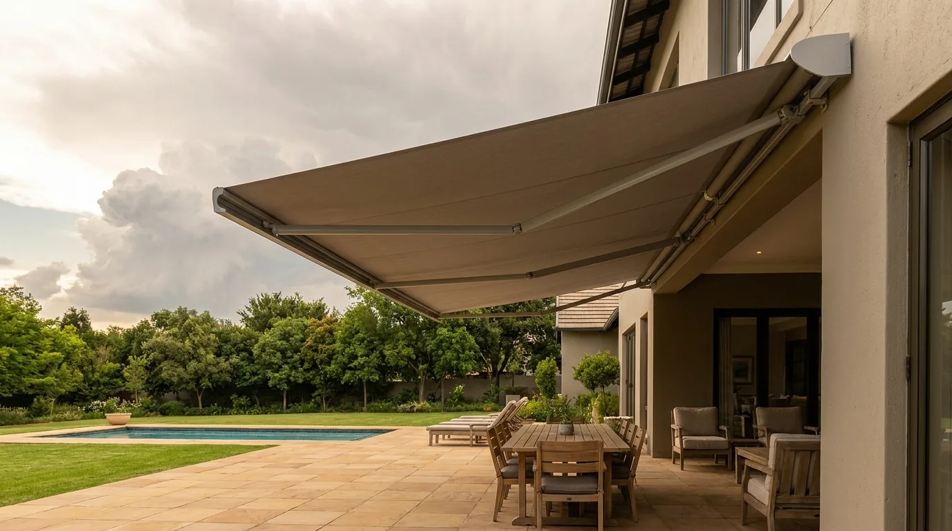 A folding-arm awning extended over a paved Sandhurst terrace on articulated arms with no posts on the paving, a Highveld thunderstorm building over the garden behind it