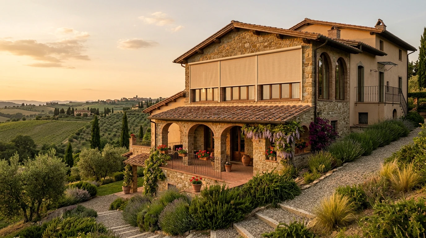 A Tuscan-style house on a slope, sunscreen blind lowered over tall windows, golden hour