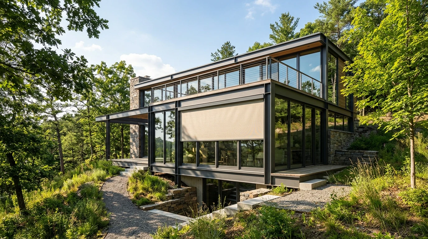 A glass-and-steel home on a sloped stand, sunscreen blind half down, bright afternoon