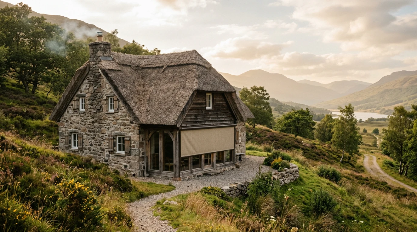 A thatch-and-stone home on a slope, sunscreen blind over a veranda, late afternoon haze
