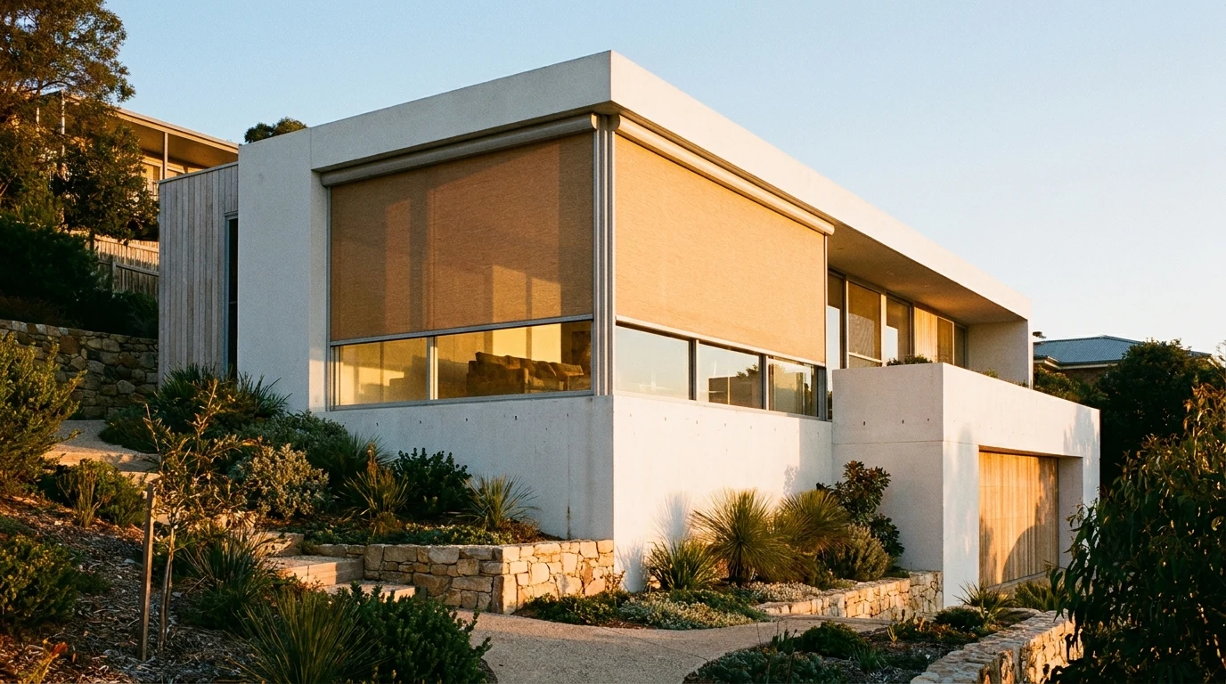 An architectural white house on a slope, sunscreen blind lowered over corner glazing, warm evening light