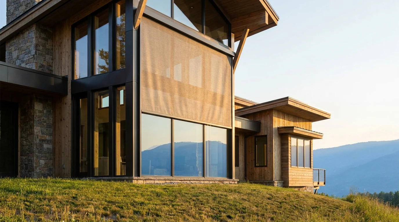 A contemporary house on a gentle slope, double-volume glazing, sunscreen blind half down, warm late-afternoon light, distant ridge visible