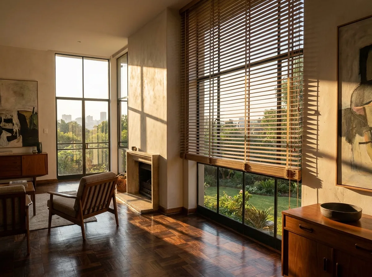 Timber venetian blind in a mid-century Sandhurst living room, its horizontal wooden slats tilted so stripes of low afternoon sun fall across the parquet floor