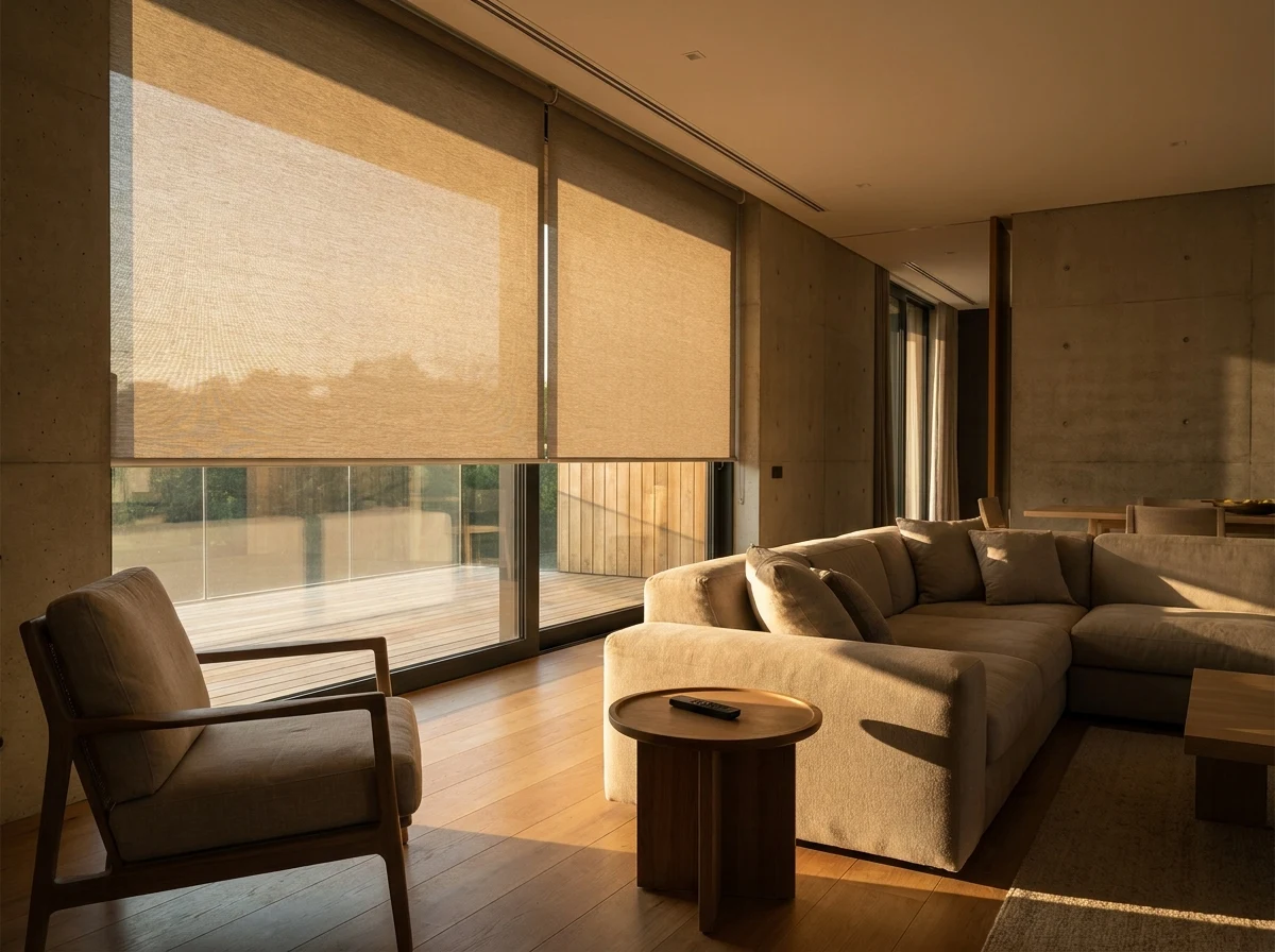 Motorised sunscreen roller blind half-raised in an open-plan lounge, remote on a side table, afternoon light