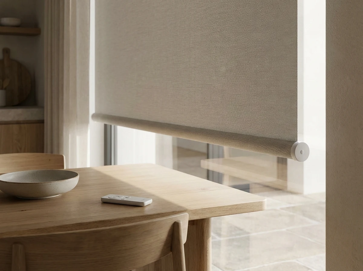 Close-mid view of a motorised roller blind's motor tube end cap and remote in a dining room, midday light