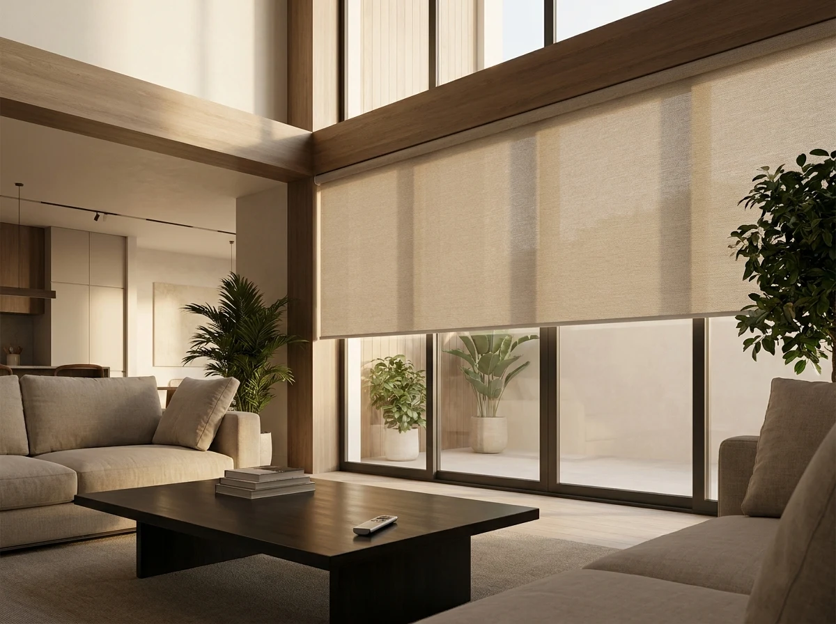 Motorised blind partially lowered in a double-volume living room, remote on the coffee table, morning light