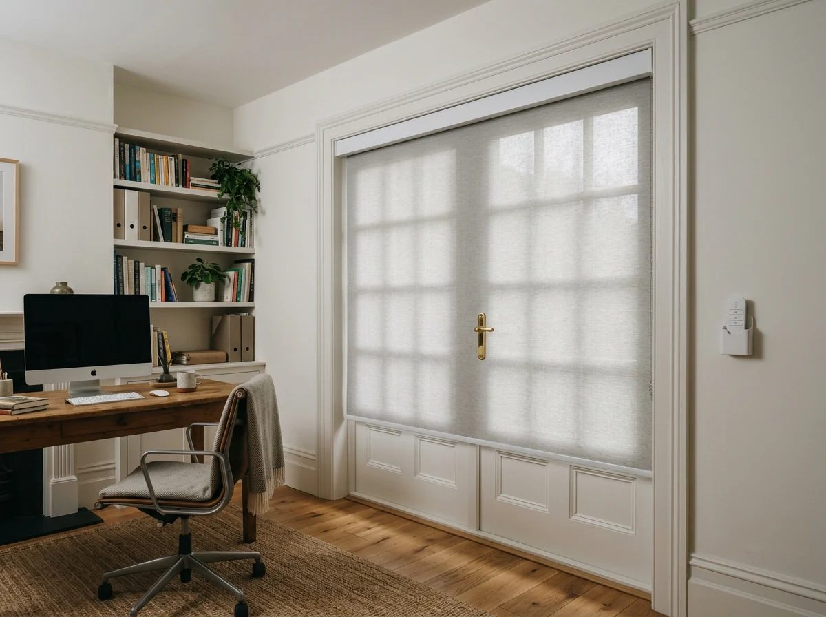 Motorised blind lowered over French doors in a home study, remote in a wall cradle, soft light