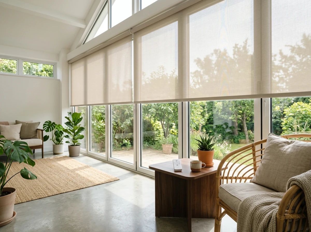Motorised blind lowered over a glass wall in a bright sunroom, remote on a side table, daylight
