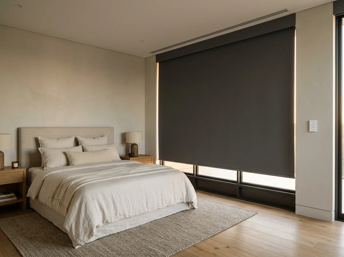Motorised blockout blind fully lowered in a main bedroom, wall-mounted control panel visible, late afternoon light