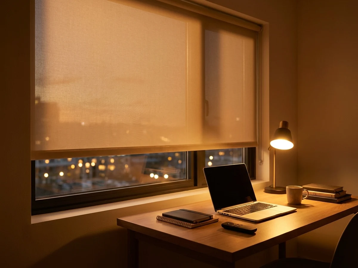 Motorised roller blind lowered over a home office window, remote control resting on the desk, evening light