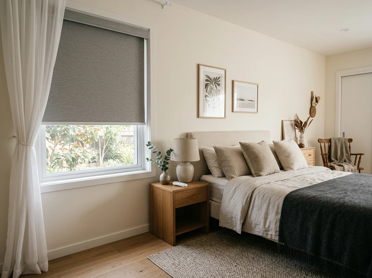 Motorised blind half-lowered over a guest bedroom window, remote on the nightstand, soft morning light