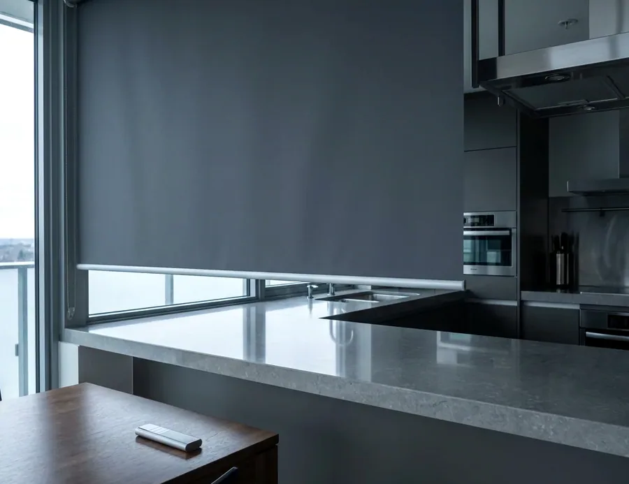 Motorised roller blind lowered across kitchen glazing with the handheld remote on the counter