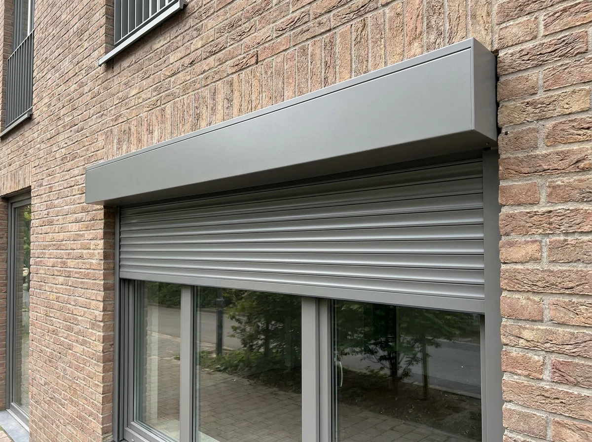 Roller shutter on a ground-floor window, close-mid angle showing the headbox