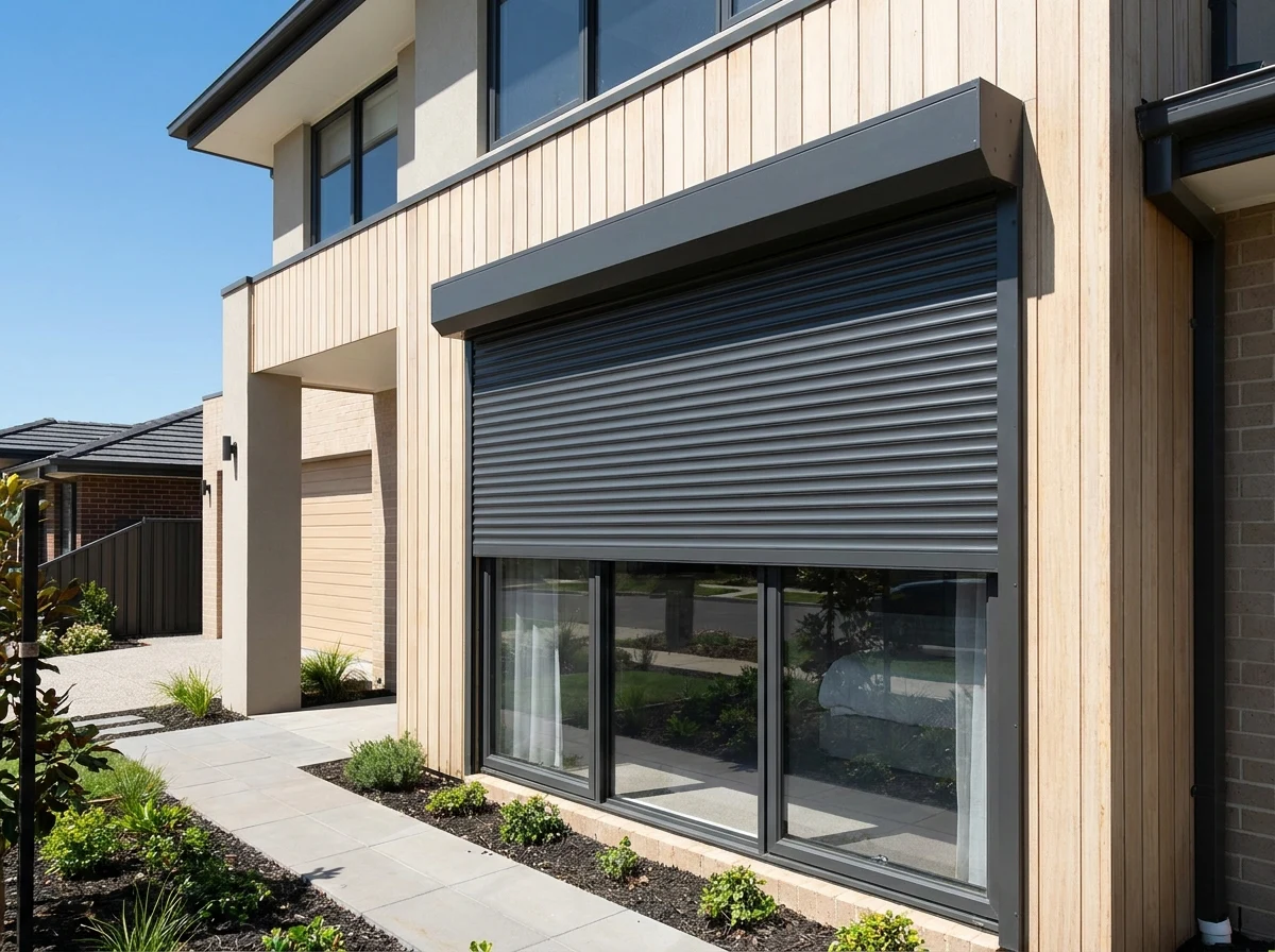 Side elevation of a house with a roller shutter half-lowered over a window, midday