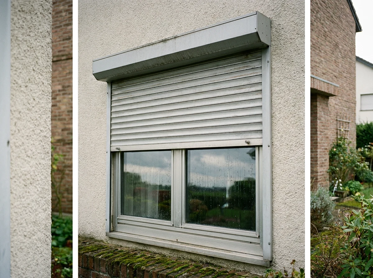 Roller shutter over a laundry or utility window, soft daylight